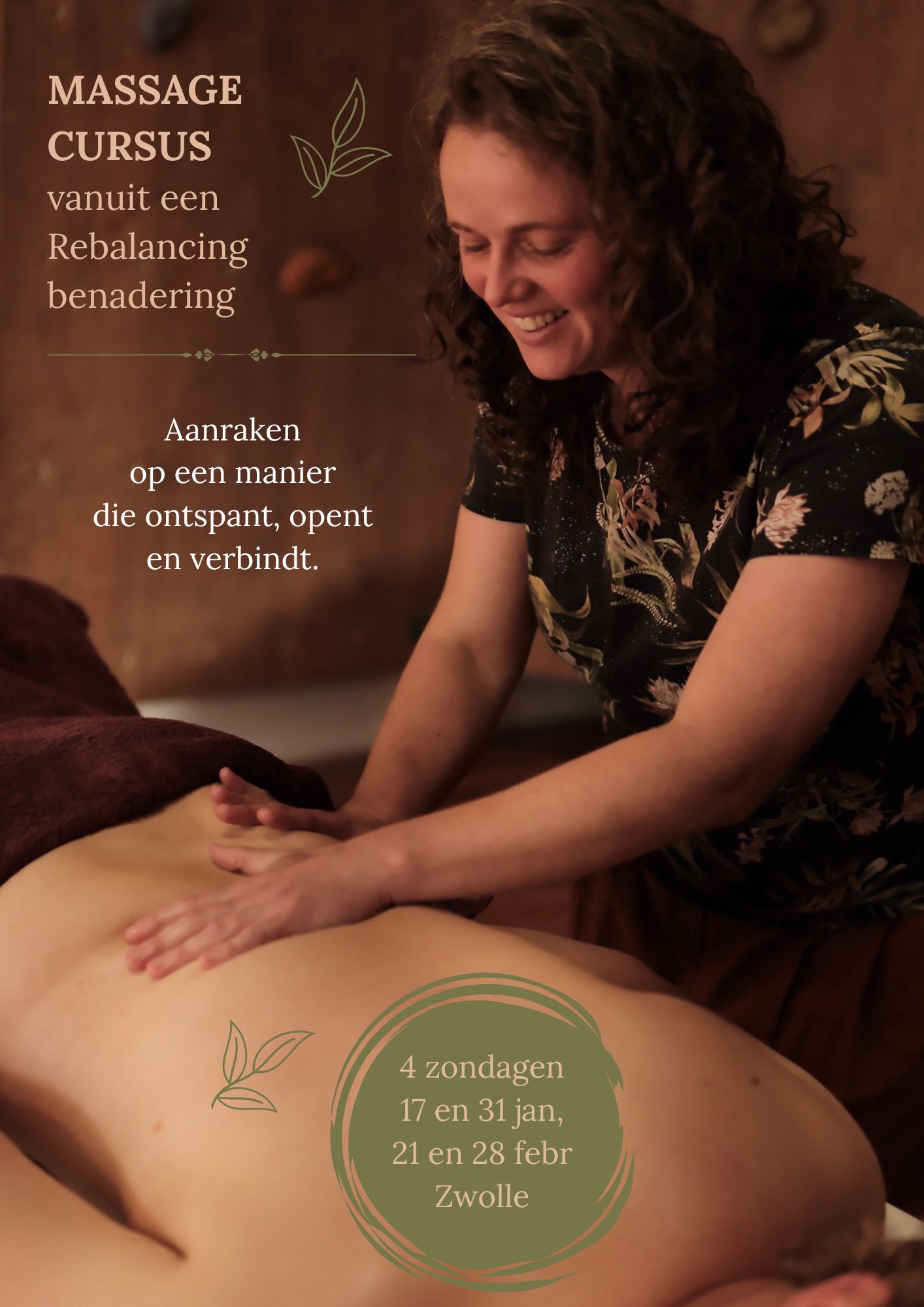 Massagecursus met Rebalancing technieken Zwolle Flyer met info omtrent Massagecursus met Rebalancing technieken Zwolle waarbij een vrouw de onderrug aanraakt van haar cliënt